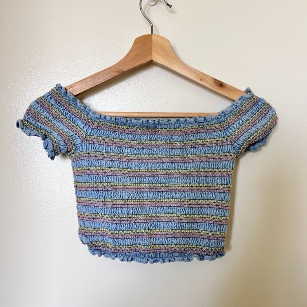 Forever 21 Light Blue Ruched Off The Shoulder Crop Top S​​​​​​​​​​​​‎